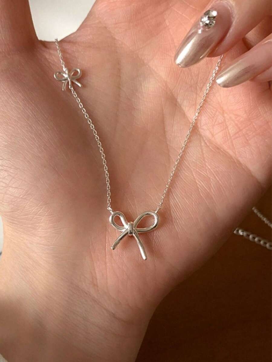 1pc Minimalist Fashion Double Bow Tie Necklace, Unique Versatile Commute Cute Choker Necklace For Women - Silver - View 1