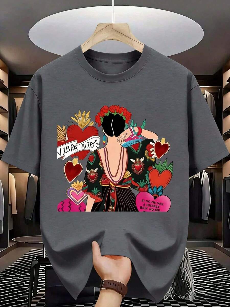 100% Cotton T-Shirt For Men - Short Sleeve, Round Neck, Digital Print, Comfortable For All Seasons, Machine Washable, Ideal For Daily Outings, Round Neck, Circular Design, Casual Summer Tshirt Muscle Freaks Frida Hearts Mexican Folk Art Style - 灰色 - 查看 1