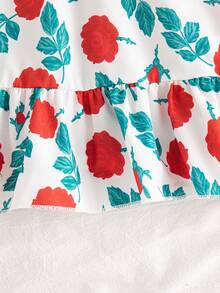 少女情人节爱心印花方领花瓣袖鱼尾连衣裙 - 紅色 - 查看 3