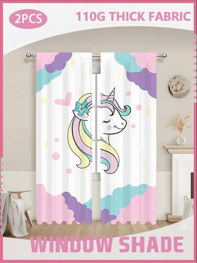 2PCS 110G Cute Pastel Unicorn Rod Curtain Blackout Curtains Outdoor Indoor Curtains Room Darkening Window Drapes Thermal Insulated For Bedroom Living Room For Balcony Easy To Hang Modern Style 100% Polyester