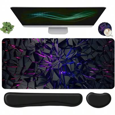 4pcs Set Neon Geometric Pattern Mouse Pad + Keyboard Wrist Rest + Ergonomic Mouse Pad + Coaster Set, Suitable For Desktop Decor, Office Accessories, Ergonomic Wrist Support, Computer Mouse Pad & Coaster For Home Office Gaming