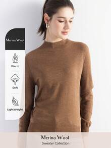 Women's Mock Neck Merino Wool Top Fall Winter Sweater Classic Simple Elegant Cable Long Sleeve Knit Tops Autumn Outfit For Women Fall Clothes - Brown - View 5