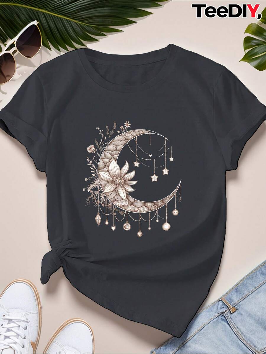 Plus Size Women's Sports T-Shirt - Elegant Crescent Moon And Floral Design, Breathable Polyester Fabric, Round Neck, Short Sleeves - Perfect For Fitness And Casual Wear, Gym Shirt - 預設圖2 - 查看 1