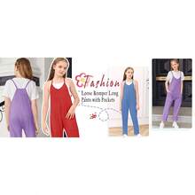 Girls Summer Casual Sleeveless Spaghetti Strap Loose Jumpsuit Romper Long Pants With Pockets - 白色 - 查看 9