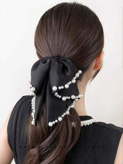 1pc French Pearl Ribbon Bow Elegant Hair Claw Clip, Chic Ponytail Clip For Updo Hairstyle