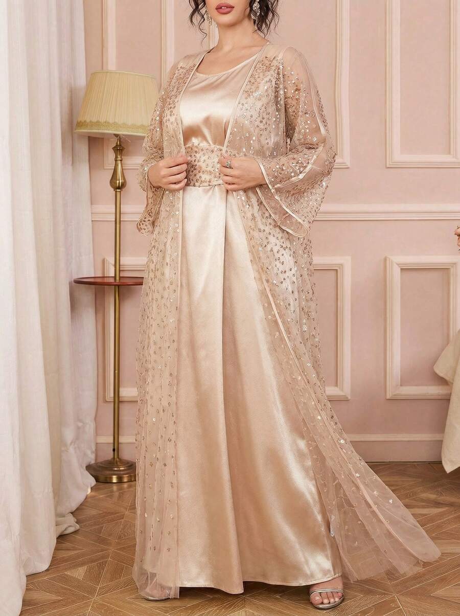 Solessence UNITHORSE 大码女式圆领蝙蝠袖系带长款奢华串珠蕾丝刺绣长袍两件套土耳其长袍 - 香檳 - 查看 1