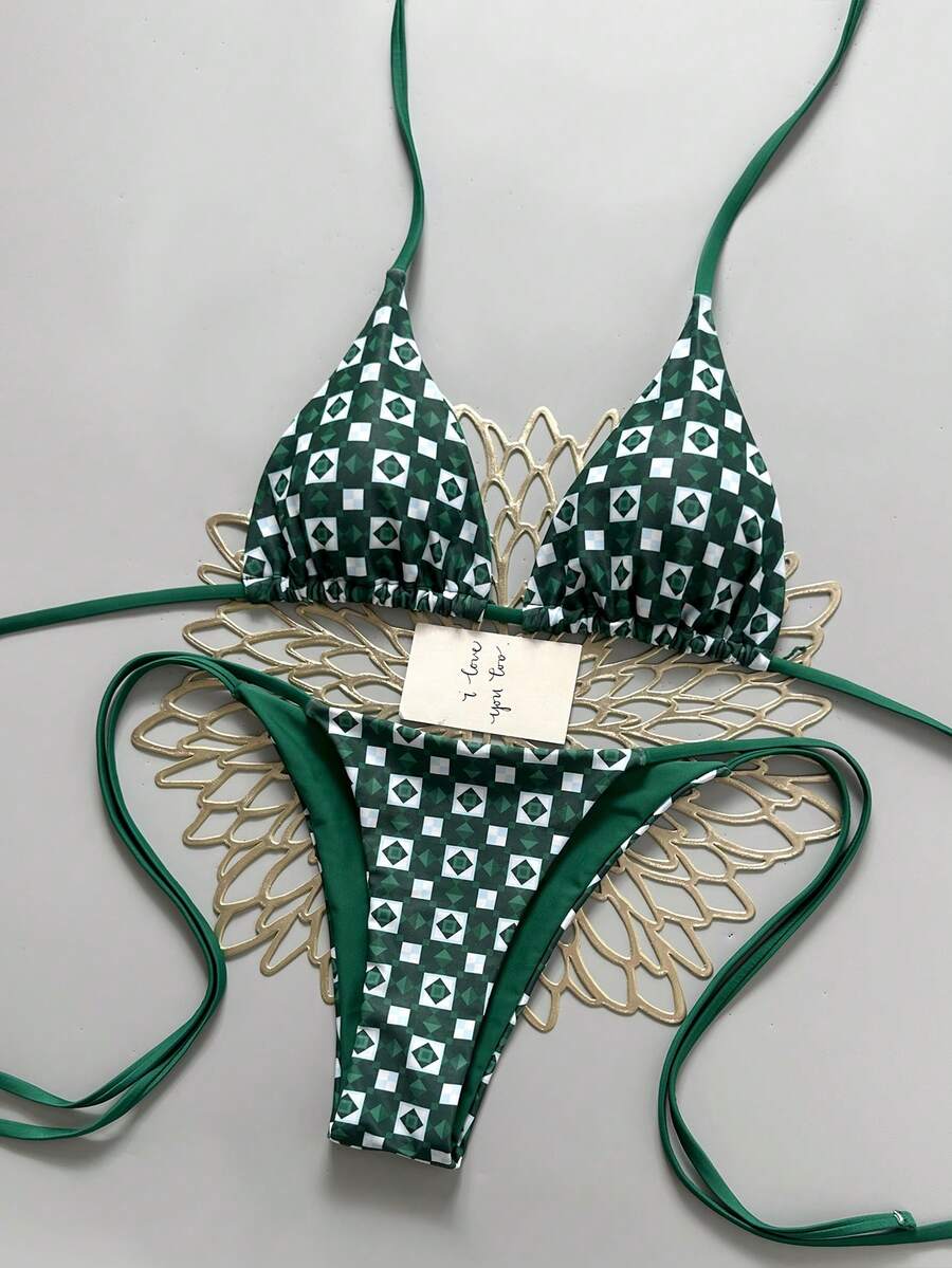 Bộ bikini hai mảnh họa tiết hình học dành cho nữ giới châu Âu và Mỹ năm 2025, thích hợp cho kỳ nghỉ hè trên bãi biển. - màu xanh lá - Xem 1