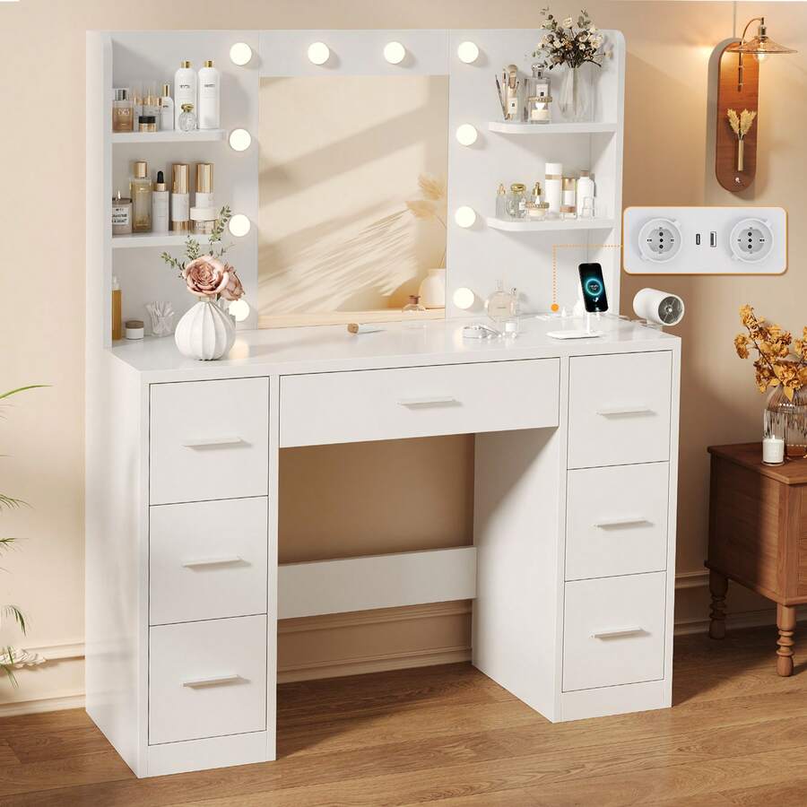 Devoko Large Dressing Table With Adjustable LED Lights + Mirror, 7 Drawers + 4 Open Shelves, Hair Dryer Holder & Multi-Port Charging, White - White - View 1