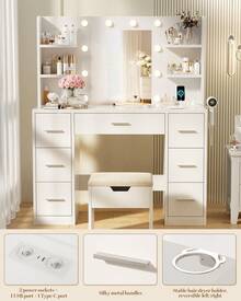Devoko Large Dressing Table With Adjustable LED Lights + Mirror, 7 Drawers + 4 Open Shelves, Hair Dryer Holder & Multi-Port Charging, White - White - View 9