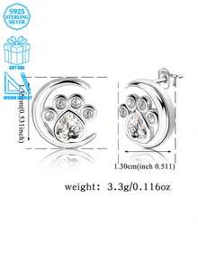 1 Pair Zirconia Moon & Dog Paw Earrings, Suitable For Women's Daily Wear - Silver - View 2
