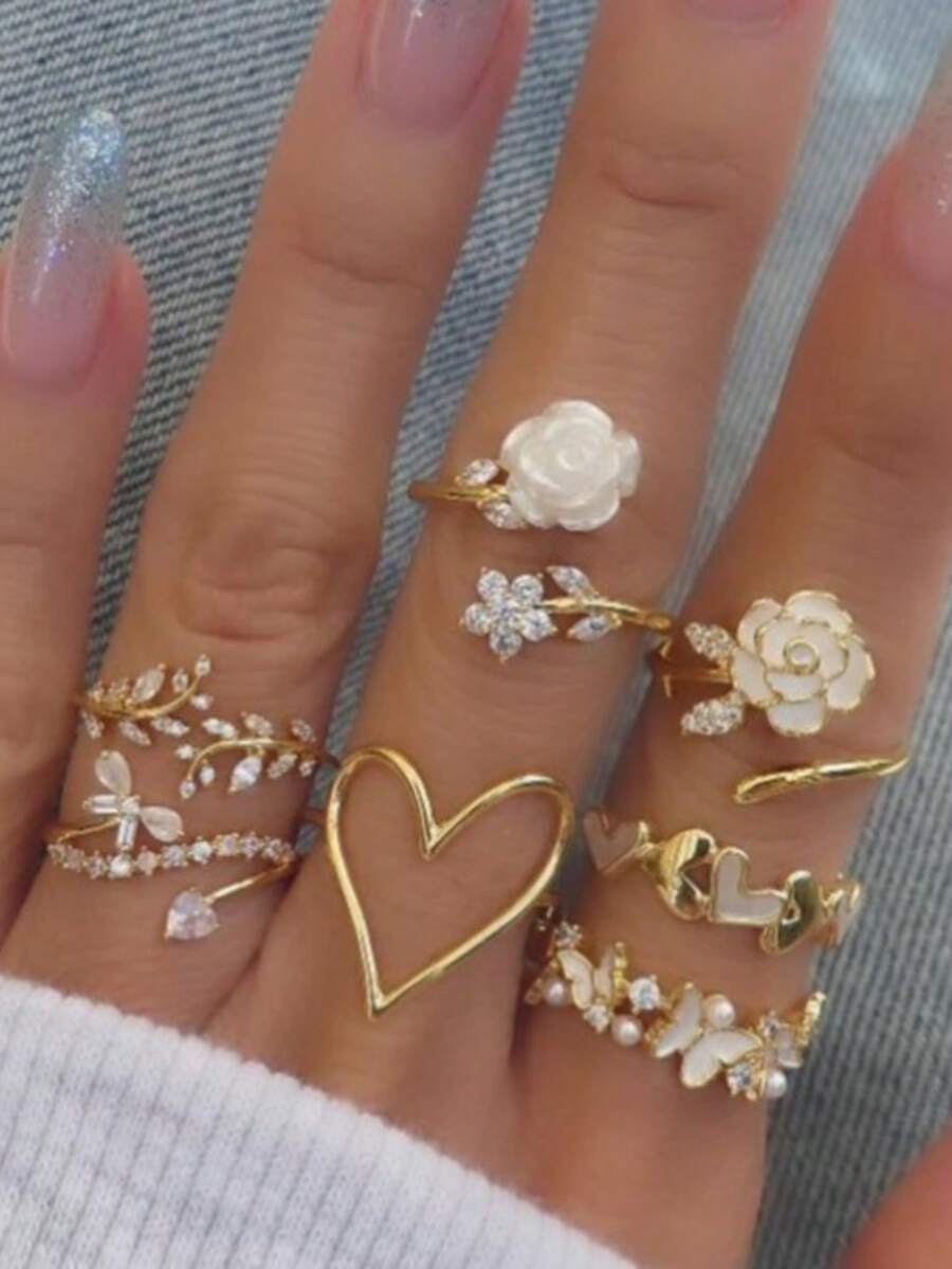 7件套山茶花戒指套装，小众奢华高端水钻心形和蝴蝶戒指，适合女性日常佩戴或作为礼物 - 金色 - 查看 1