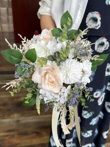 白色新娘捧花，象牙色婚礼捧花，人造玫瑰花束，婚礼花卉配饰，家居派对餐桌装饰中心摆件，复活节花束，夏季，海滩 - 米色 - 查看 2