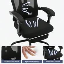 Silla ergonómica para gaming y oficina con respaldo alto de malla transpirable, Soporte lumbar y reposacabezas ajustable, Reposapiés retráctil y ruedas, para escritorio, oficina en casa o dormitorio - Marco negro - malla negra - Ver 3