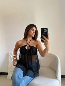 Women's Black Tank Top With Halter Neckline, Sheer Overlay And Asymmetrical Flared Hem, Sleeveless, In Polyester. - Black - View 3