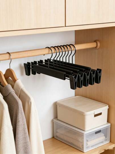 20pcs Black Plastic Clothes Hangers With 2 Adjustable Rust-Proof Clips Skirt/Dress Hangers And 360 Degree Rotating Hook Pants/Jeans Hangers, 10pcs/Set