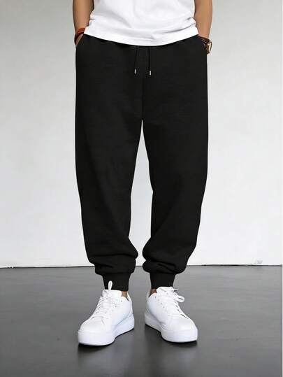 Pantalones deportivos de unicolor minimalista con cordón para hombres, pantalones versátiles negros