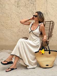 Vestido Maxi de Lino Bohemio 2026, Sin Mangas con Cuello en V y Silueta A, con Adornos Ondulados Negros, Versátil para Vacaciones, Fiestas y Uso Diario - Albaricoque - Ver 2