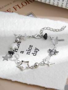 1 chiếc vòng tay đính hạt hình ngôi sao, ong, thánh giá của Niche Design, vòng tay vỏ sò hình ngôi sao năm cánh đính ngọc trai giả pha lê dành cho nữ. - Bạc - Xem 4