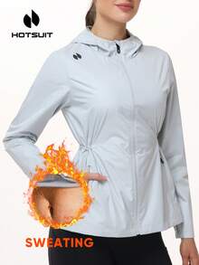 HOTSUIT Áo khoác xông hơi có mũ dành cho nữ, có dây rút điều chỉnh eo và túi bên hông có khóa kéo – Áo thấm mồ hôi thích hợp cho phòng tập thể dục, thể hình và luyện tập. - Màu Xám nhạt - Xem 7