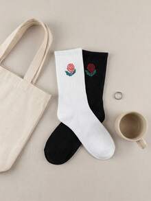 2 Pairs Rose Embroidery Retro Style Moisture-Wicking Breathable Crew Socks, Suitable For Campus, Daily Wear, Unisex - Black and White - View 4