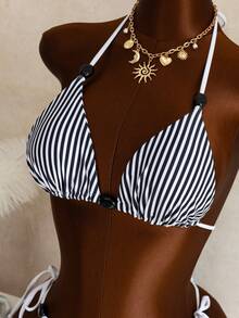 性感时尚的黑白条纹印花挂脖比基尼套装，适合海滩、游泳、度假，休闲、可爱、优雅、性感、波西米亚风格，夏季适用。 - 黑與白 - 查看 3