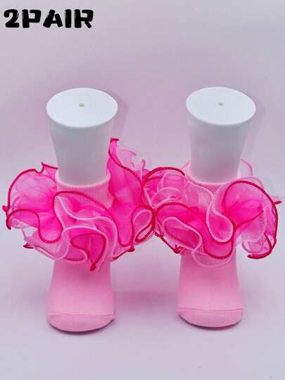 2 Pairs New Solid Color Cute Knee-High Socks, Breathable Lace Trim Princess Socks For 0-3 Years Old Baby Girls, Tassel Children Socks, Girls Socks, Colorful Lace Trim Infant Socks, Lovely Girls Socks, Children Eid Gift