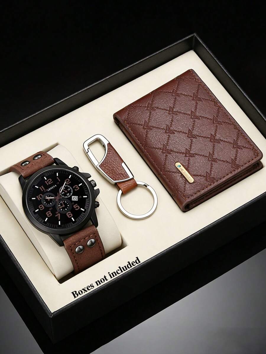 Casual Fashion Quartz Watch, Wallet And Keychain Set For Teenagers, PU Leather Inlaid Design Strap, Round Alloy Case, Coffee Brown Casual Design, Suitable As Festival Gift, Daily Gathering Outfit, Music Festival, Party, Birthday Gift, No Packaging Included - Coffee Brown - View 1