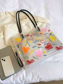 Women's Fashionable Heart-Graffiti Transparent Tote Bag, Large Capacity Shoulder And Handbag - Black - View 9