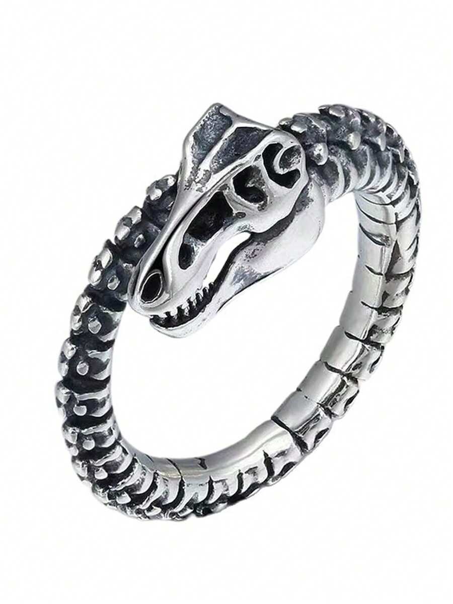 1 chiếc nhẫn hình bộ xương khủng long khắc tên riêng dành cho nữ và các cặp đôi, thiết kế độc đáo, phong cách tối màu, quà tặng trang sức dự tiệc. - Bạc - Xem 1