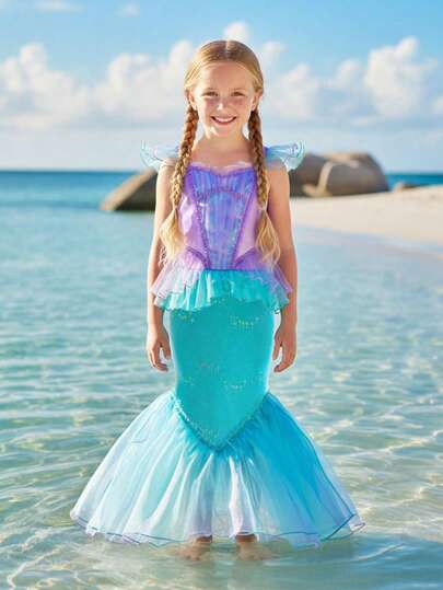 Young Girl Sequin Cap Sleeve Contrast Color Mesh Princess Dress, Cosplay Party Ball Gown, Sweet & Cute Attire