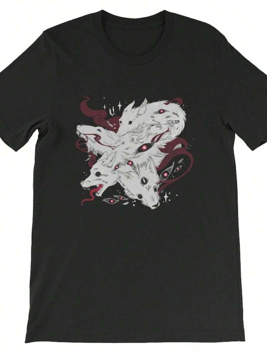 Local -65 Wild Wolf Dogs With Goth Eyes T-Shirt Anime Animal Graphic Tee Streetwear - 黑色 - 查看 1