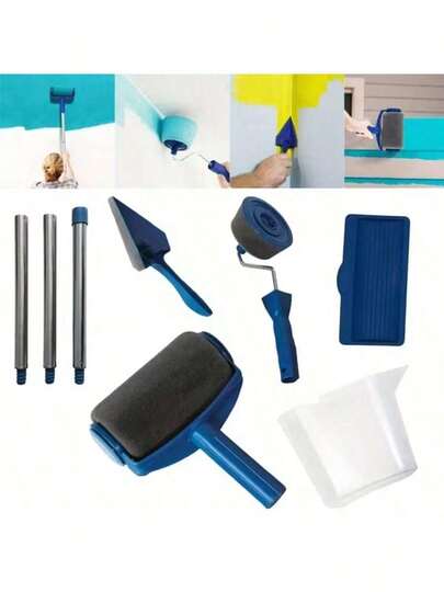 8pcs Stainless Steel Telescopic Handle Paint Roller Brush Set, 5-In-1 Multi-Function Wall Painting Tool Kit, 6" Roller Length, Suitable For Ceiling And High Walls