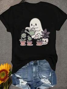 Plus Size - Plus Size - Adorable Halloween-Themed Garden Tee For Women - Features Cheerful Ghosts, Cacti, And Skull-Shaped Flower Pots, Perfect For Casual Gatherings (Halloween Apparel) - Charming Plant Design - 黑色 - 查看 12