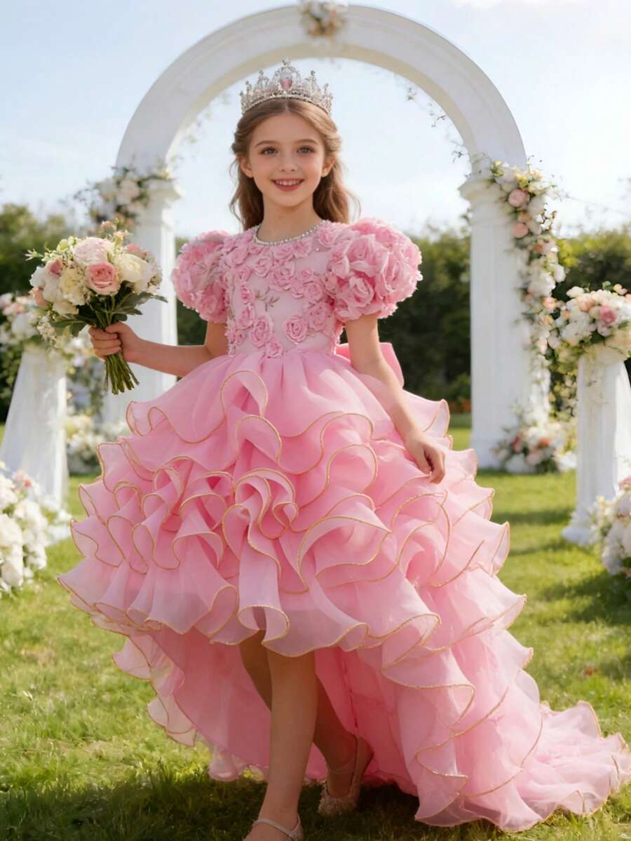 Girls Floral Puffy Cake Dress Princess Dress With Trailing Skirt, Flower Girl Dress For Wedding, Birthday Party, Runway Show, Piano Recital, Evening Gown - 粉色 - 查看 1