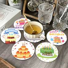 6pcs/Set Wooden Coasters With Birthday Cake Themed Prints, Thick Insulation Non-Slip Design, Cute Patterns, Practical Coasters For Birthday Party, Gathering, Add Warm Atmosphere To Dining Table, Suitable For Gift Or Personal Use - Wooden Board-coaster - View 1
