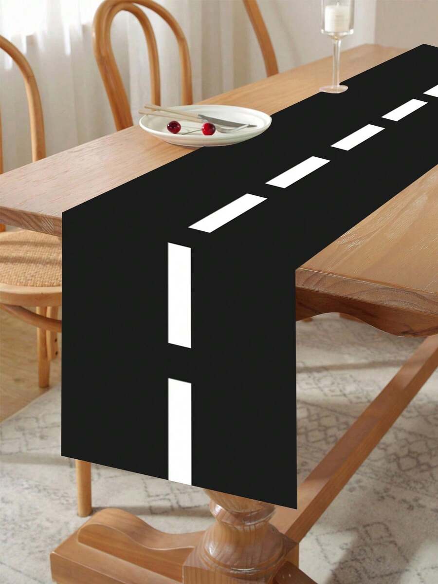 1Pc 35*180cm Polyester White&Black Stripes Race Track Table Runner, Baby Shower Race Car Theme Waterproof Table Cover For Kids Toddler Boys Birthday, Racing Car Party, Gender Reveal, Nursery Party Supplies, Racetrack Tablecloth - Black and White - View 1