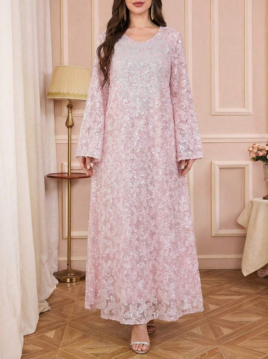Solessence Áo Abaya dài tay cổ chữ V màu hồng thanh lịch, được trang trí bằng sequin và hạt cườm, chất liệu vải dệt dài.