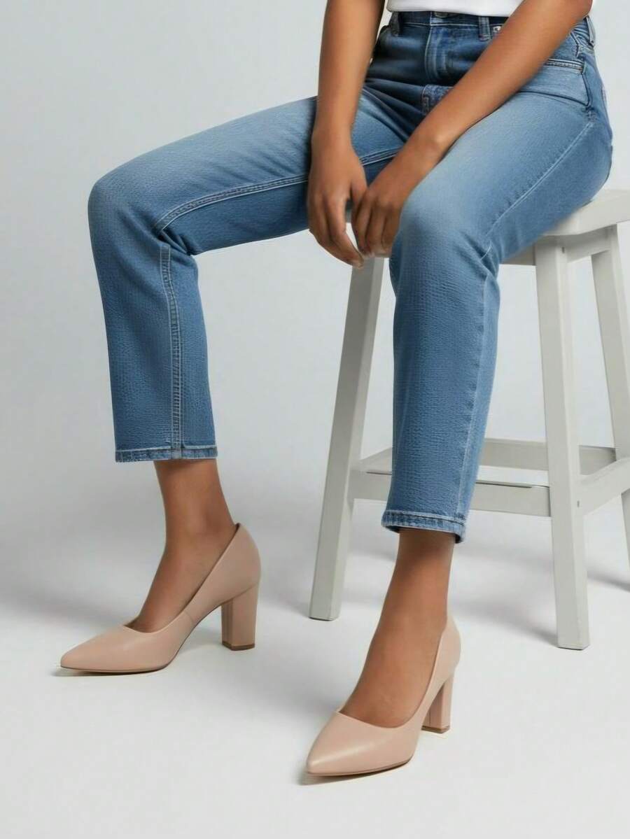 Tacones altos de unicolor para oficina, fiesta y vacaciones, de piel sintética PU para uso diario - Desnudo - Ver 1