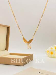 1pc Minimalist European & American Style 26 Letter Hollow Angel Wing Pendant, Suitable For Daily Wear Women Necklace - Gold - View 14