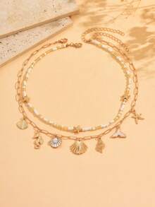 2pcs/Set Bohemian Island Style Ocean Creature Pendant Necklace, Handmade Beaded Choker Necklace, Fashionable Jewelry Set For Women, Suitable For Daily Wear, Beach, Party, Music Festival. The Handmade Chain Can Be Customized In Length. - Multicolor - View 3