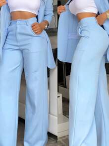 Pink Two Piece Set Women – Feminine Blazer And Skirt/Pants, Wedding Guest Suit, Prom Formal Wear, Cute Office Outfit, Old Money Style - 淺藍色 - 查看 1