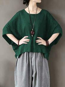 Solid Color Loose Linen Asymmetric Hem T-Shirt, Loose 3/4 Sleeve Round Neck Top, Relaxed Fit Slimming Design, Loose Batwing Sleeve Unique Top, Suitable For Commuting And Casual Wear Summer - Dark Green - View 3