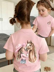 Young Girl Casual Funny Print Crew Neck Short Sleeve T-Shirt, Summer Top - Pink - View 4
