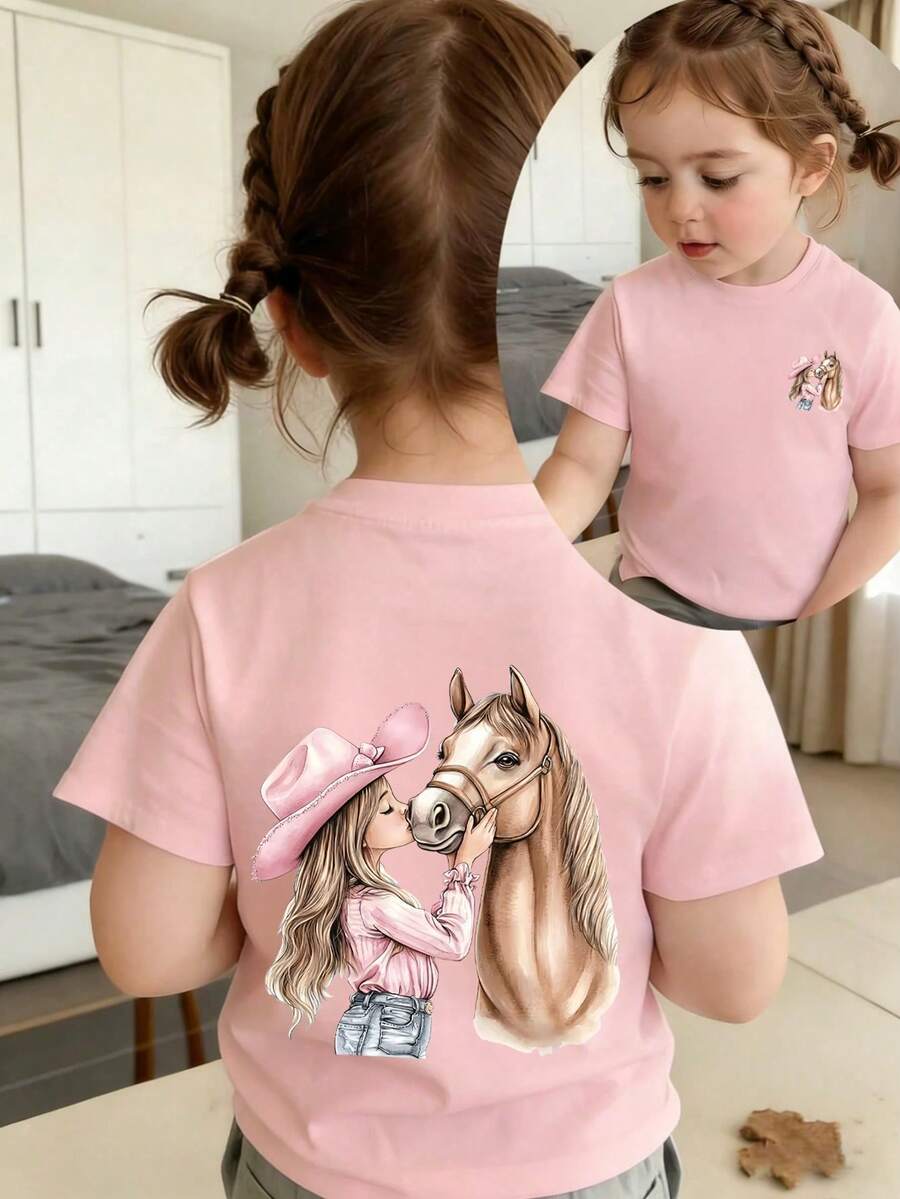 Young Girl Casual Funny Print Crew Neck Short Sleeve T-Shirt, Summer Top - Pink - View 1