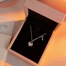 1pc S925 Silver Luxury Heart Lock Design Pendant Necklace With Sparkling Zirconia, Elegant Everyday Wear Jewelry, Quality Gift For Loved One - Silver - View 3