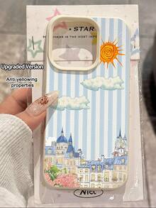 1pc Fashion Striped Sky Flower & Castle Pattern Litchi Texture Anti-Fall Anti-Slip Soft Phone Case Protective Cover Compatible With Apple, Phones - Multicolor - View 1