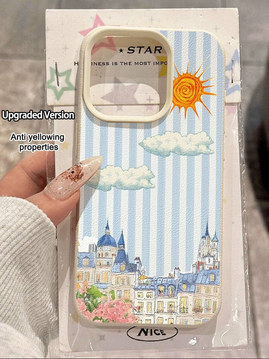 1pc Fashion Striped Sky Flower & Castle Pattern Litchi Texture Anti-Fall Anti-Slip Soft Phone Case Protective Cover Compatible With Apple, Phones - Multicolor - View 1