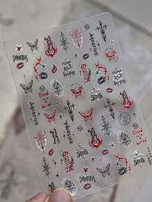 1张哥特式蝴蝶性感唇印黑色银色红色火焰玫瑰星星英文字母自粘美甲贴纸 - 彩色 - 查看 3
