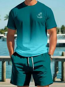 Men's 2pcs Summer Matching Short Sleeve T-Shirt & Board Shorts Suit - Matching & Swim Shorts, Round Neck Beachwear, Machine Washable 2pcs For Surfing, Swimming & Casual Outfits - Style - View 2