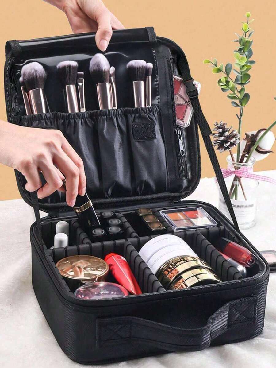 大容量极简化妆包,带2个可拆卸隔层,便携式化妆品收纳包,带提手,耐用防水,配有可调节肩带,适合旅行和活动,专业化妆师必备(隔层随机发货) - 黑色 - 查看 1
